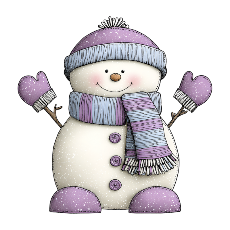 Whimsical snowman wearing purple mittens scarf and hat with stick arms and rosy cheeks, Grey Barn Handwerk, Saskatchewan.